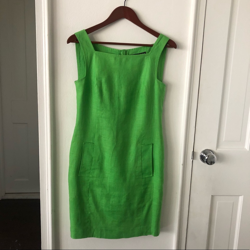 Vintage Sundress ‘90s Lida Baday Linen Mini Dress Grass Green Square Neck
